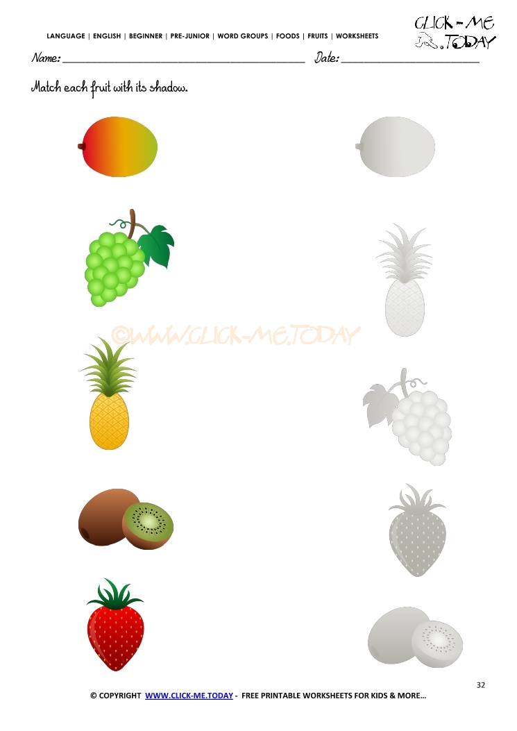 Fruits Worksheet 32 - Match each fruit with its shadow