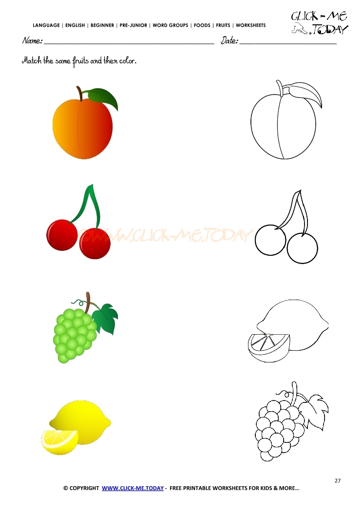 Fruits Worksheet 27 - Match the same fruits and then color