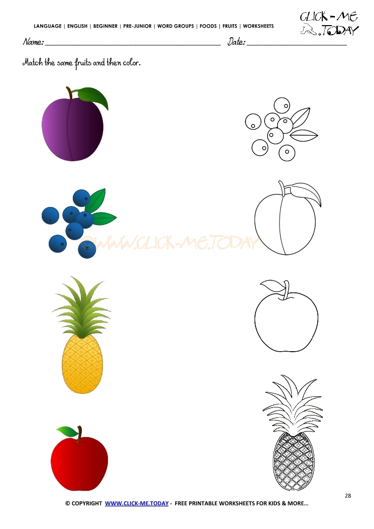 Fruits Worksheet 28 - Match the same fruits and then color