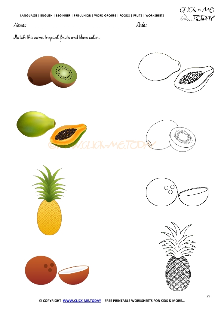 Fruits Worksheet 29 - Match the same tropical fruits and then color