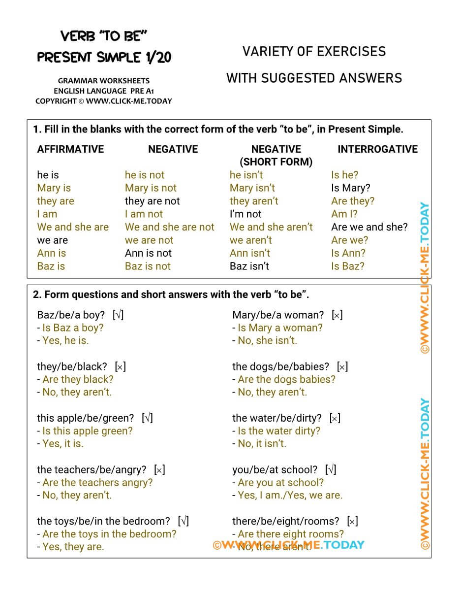 ANSWERS PDF ENGLISH WORKSHEETS PREA1- VERB TO BE PRESENT SIMPLE