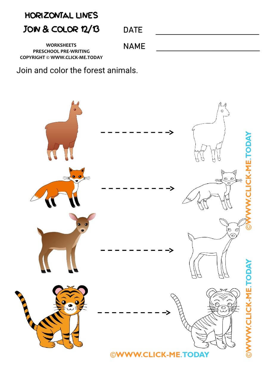 printable TRACING HORIZONTAL LINES worksheets pdf 12 wild animals