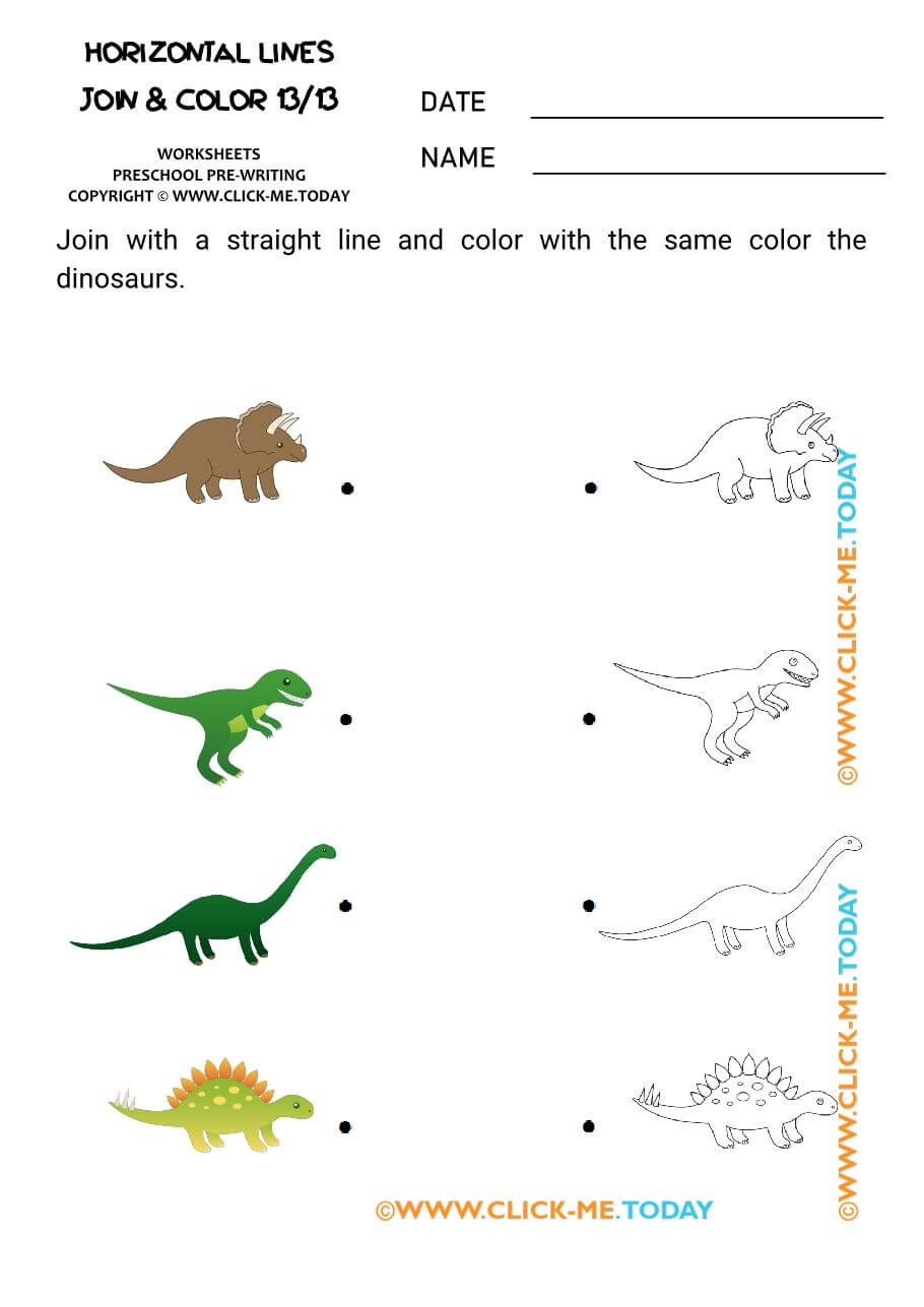 printable TRACING HORIZONTAL LINES worksheets pdf 13 dinosaurs route