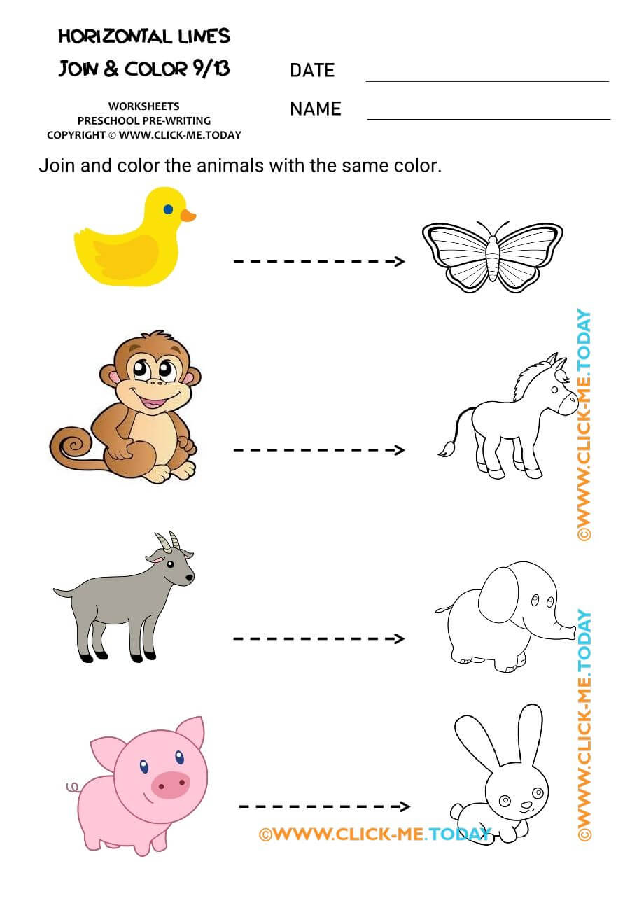 printable TRACING HORIZONTAL LINES worksheets pdf 9 animals route